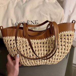 Polene Cream and Brown Woven Leather-Trim Tote